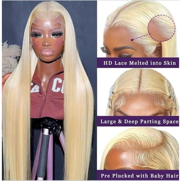 613 blonde Lace Front Wig Human Hair 13x4 HD Human Hair 200 Density 24” Glueless - Picture 4 of 10